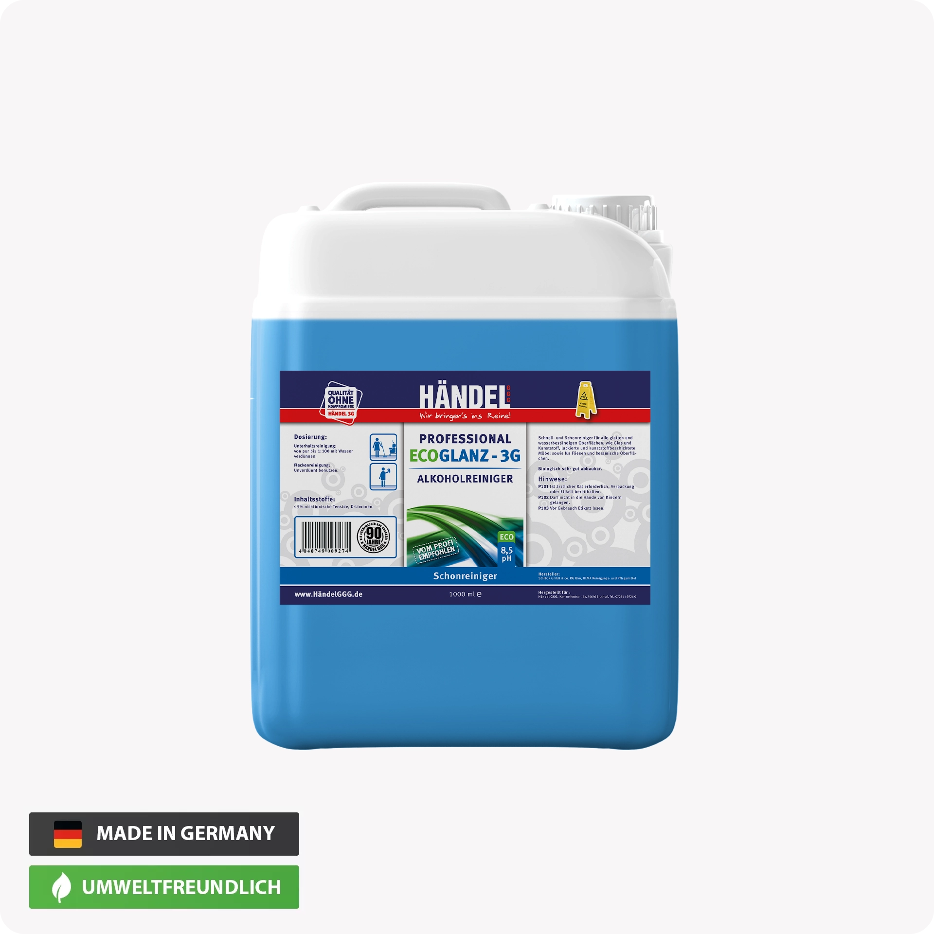 EcoGlanz 3G - Alkoholreiniger | 10 Liter | Für Flächen, Boden, Glas, Fenster | Biologisch sehr gut abbaubar