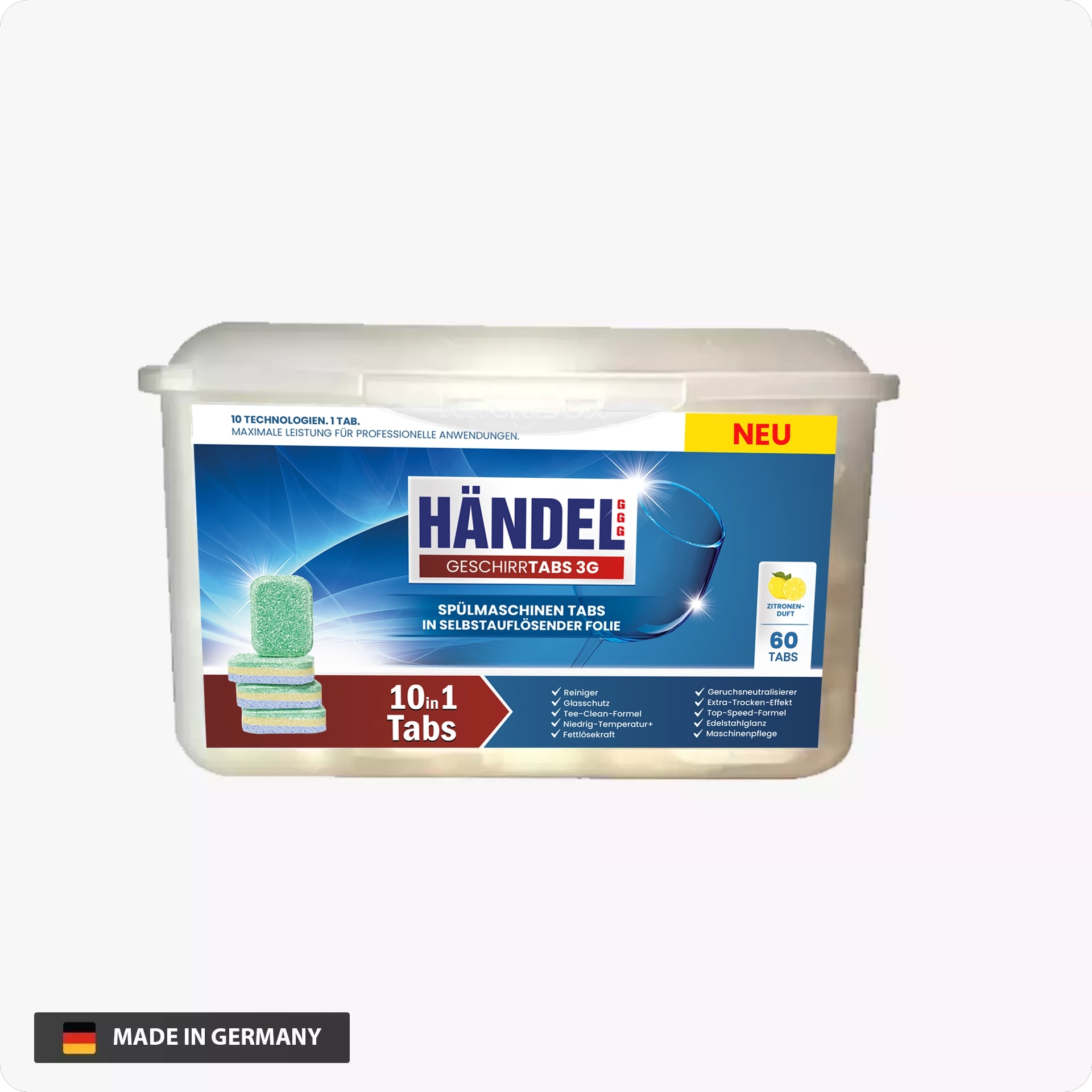 Geschirrtabs 3G | 10-in-1 | 60-180 Tabs | Mit Maschinenpflege & Fettlöser | Selbstlösende Folie | Für Porzellan, Glas, Edelstahl & Kunststoff