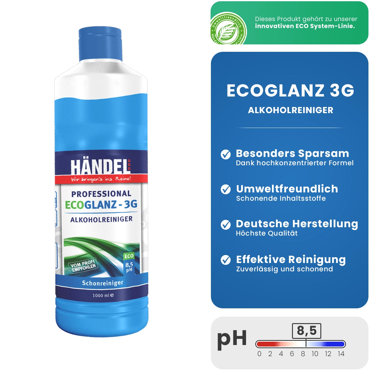 EcoGlanz 3G - Alkoholreiniger | 10 Liter | Für Flächen, Boden, Glas, Fenster | Biologisch sehr gut abbaubar