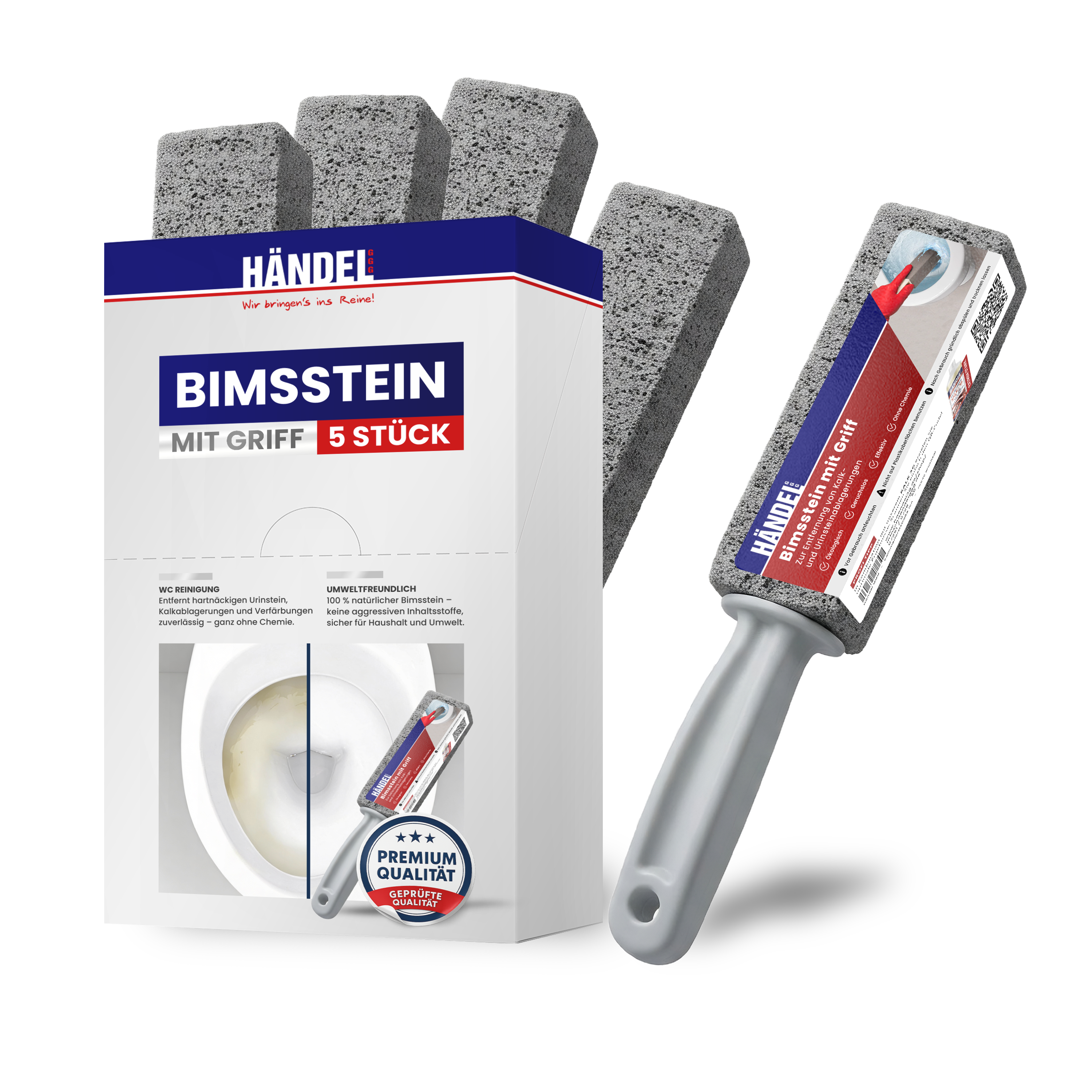 Bimsstein Toilettenreiniger mit ergonomischem Griff | 5 Stück | Entfernt Urinstein, Kalk & Rost – Chemikalienfrei