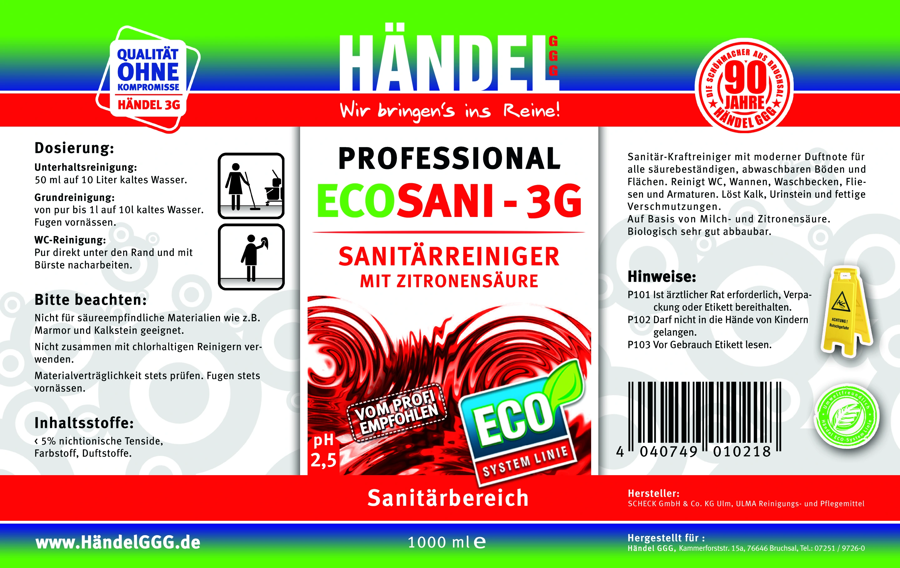 EcoSani 3G | 1L/10L | Konzentrat | Bester Profi Sanitärreiniger | desinfiziert Waschbecken und Armaturen