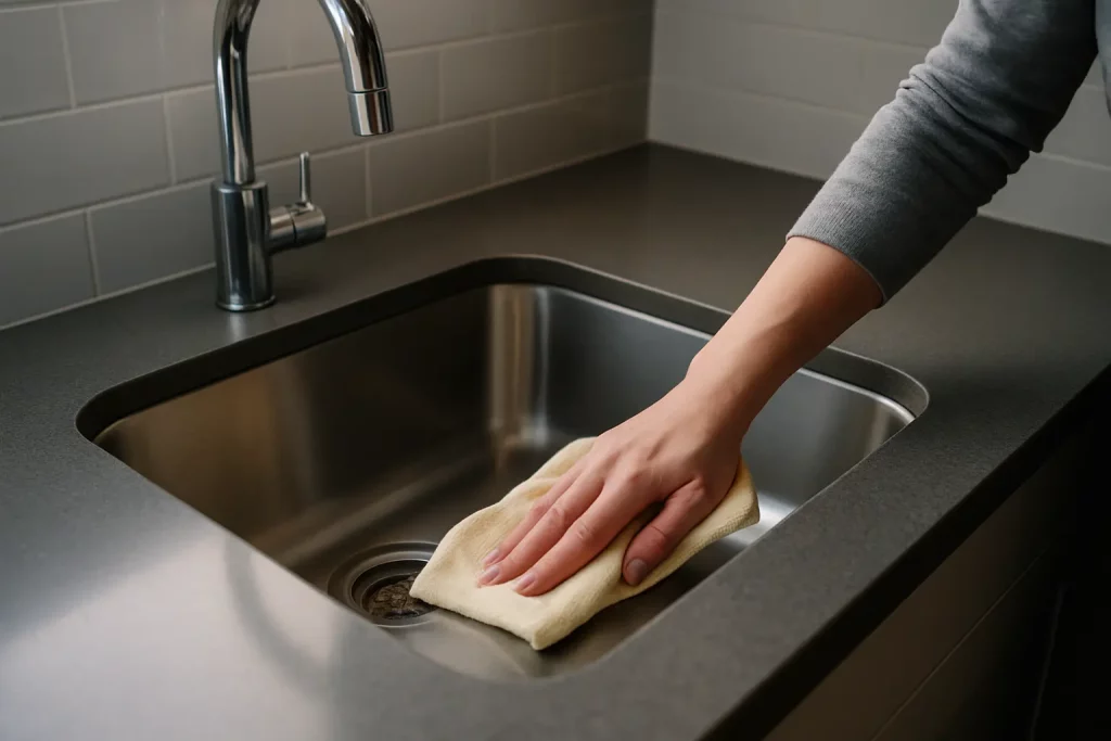 hand wischt modernes kuechenbecken mit mikrofasertuch trocken reinigung spuelbecken pflege haushaltstipp